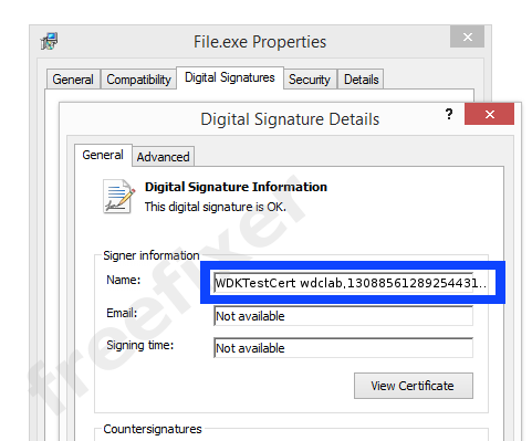 Screenshot of the WDKTestCert wdclab,130885612892544312 certificate